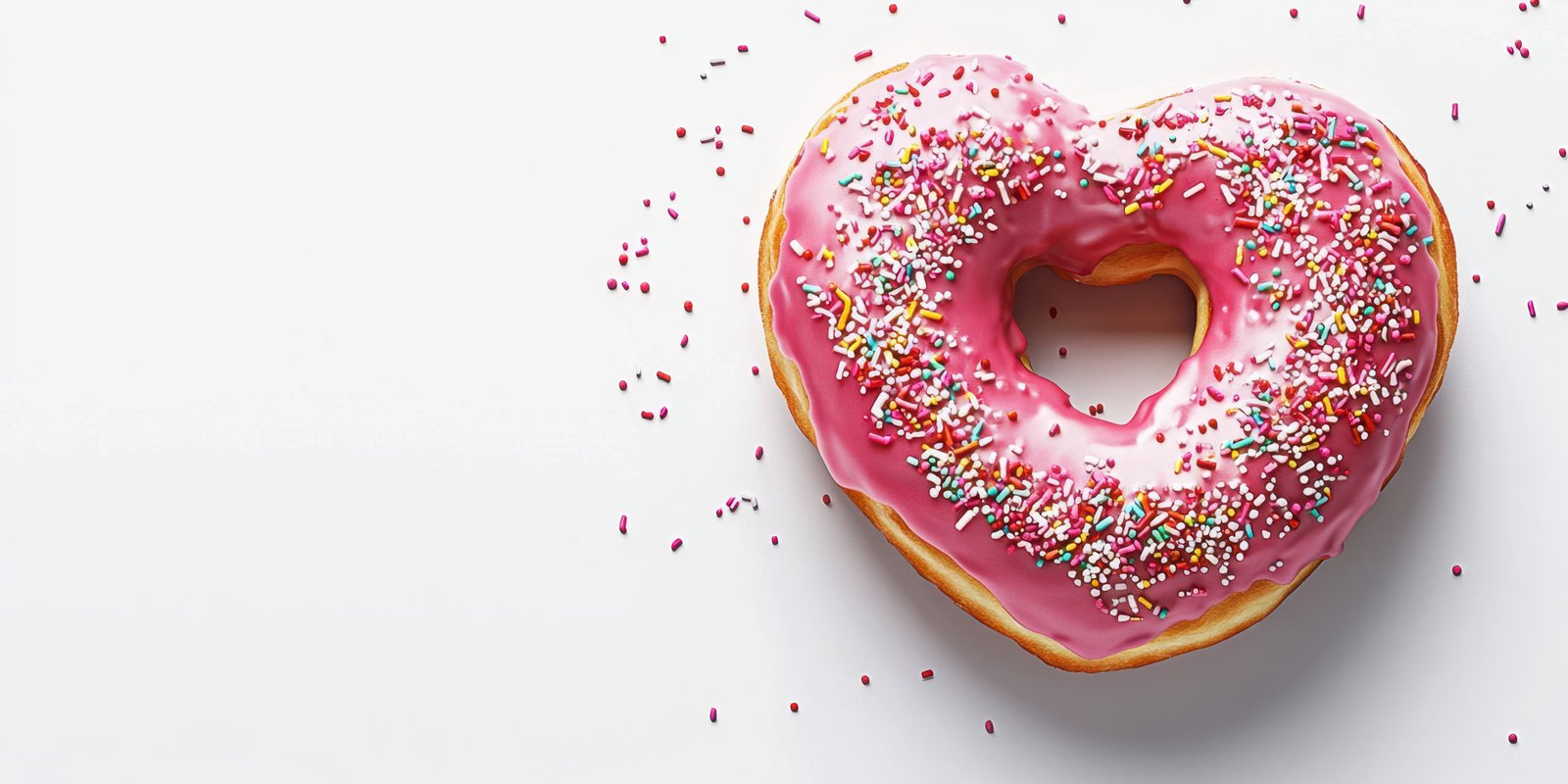 Heart-shaped donut with pink icing and colorful sprinkles on a white surface during a celebration